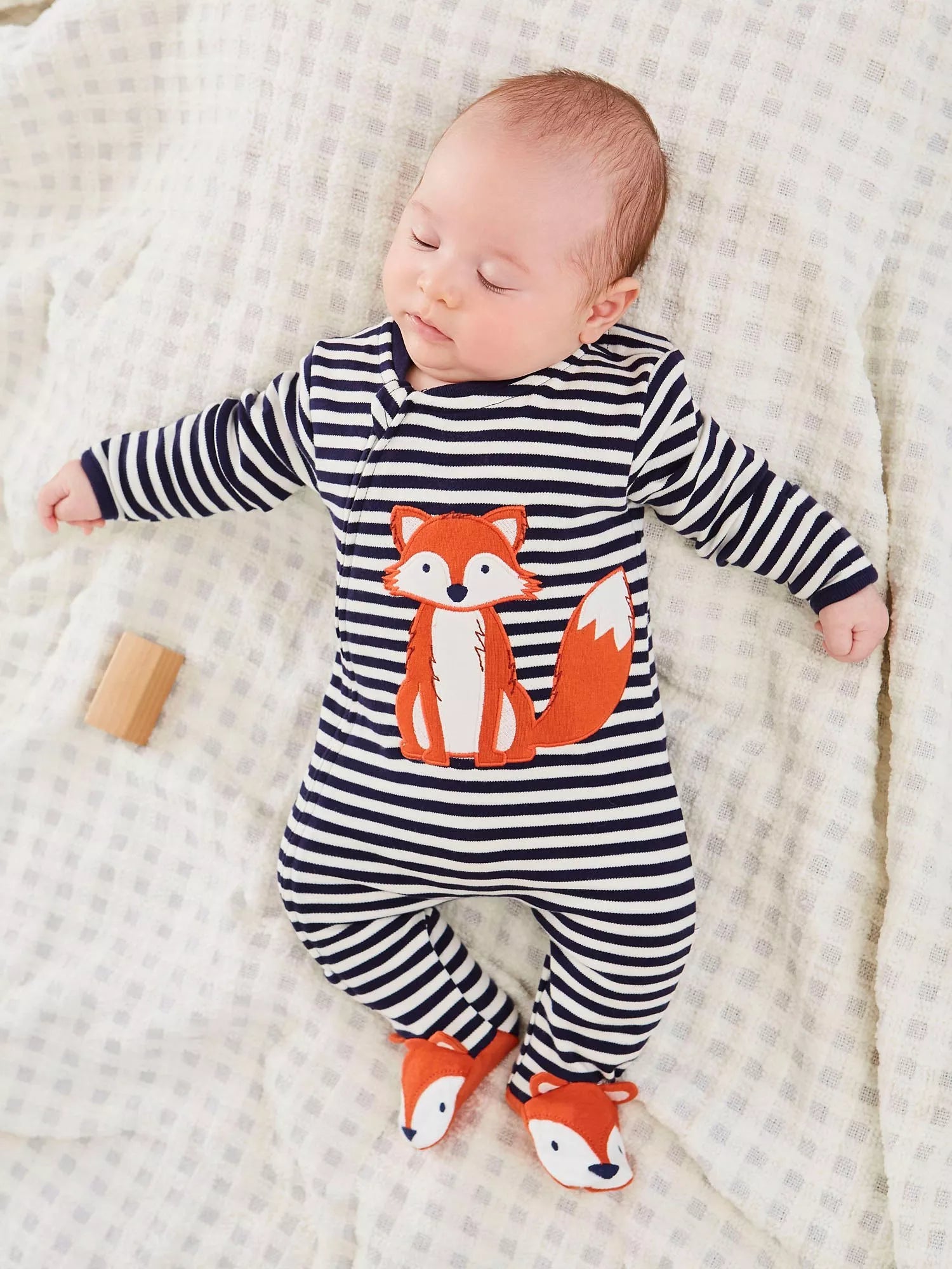 JoJo Maman Bébé Fox Appliqué Sleepsuit, Navy/Ecru - McGrocer