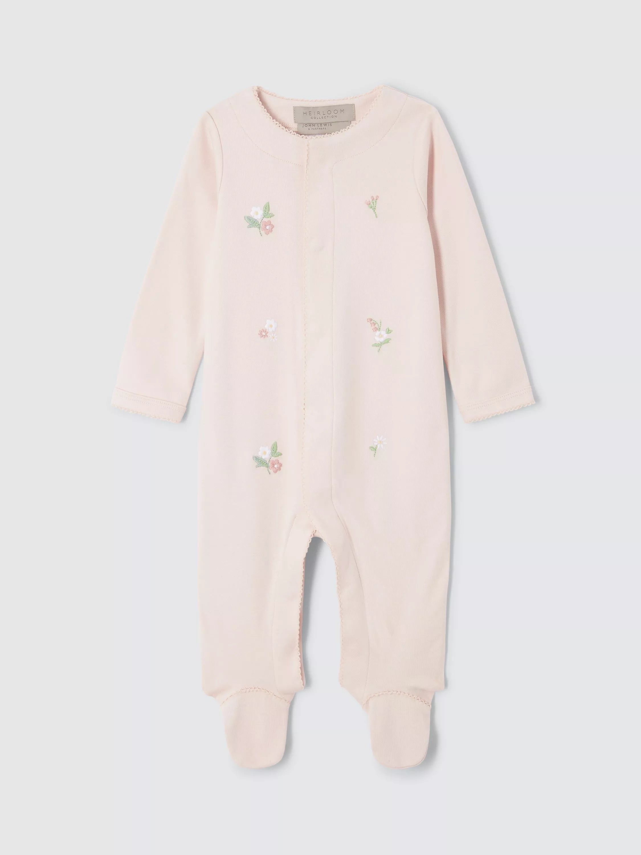 John Lewis Heirloom Collection Baby Floral Embroidered Pima Cotton Sleepsuit, Pink - McGrocer