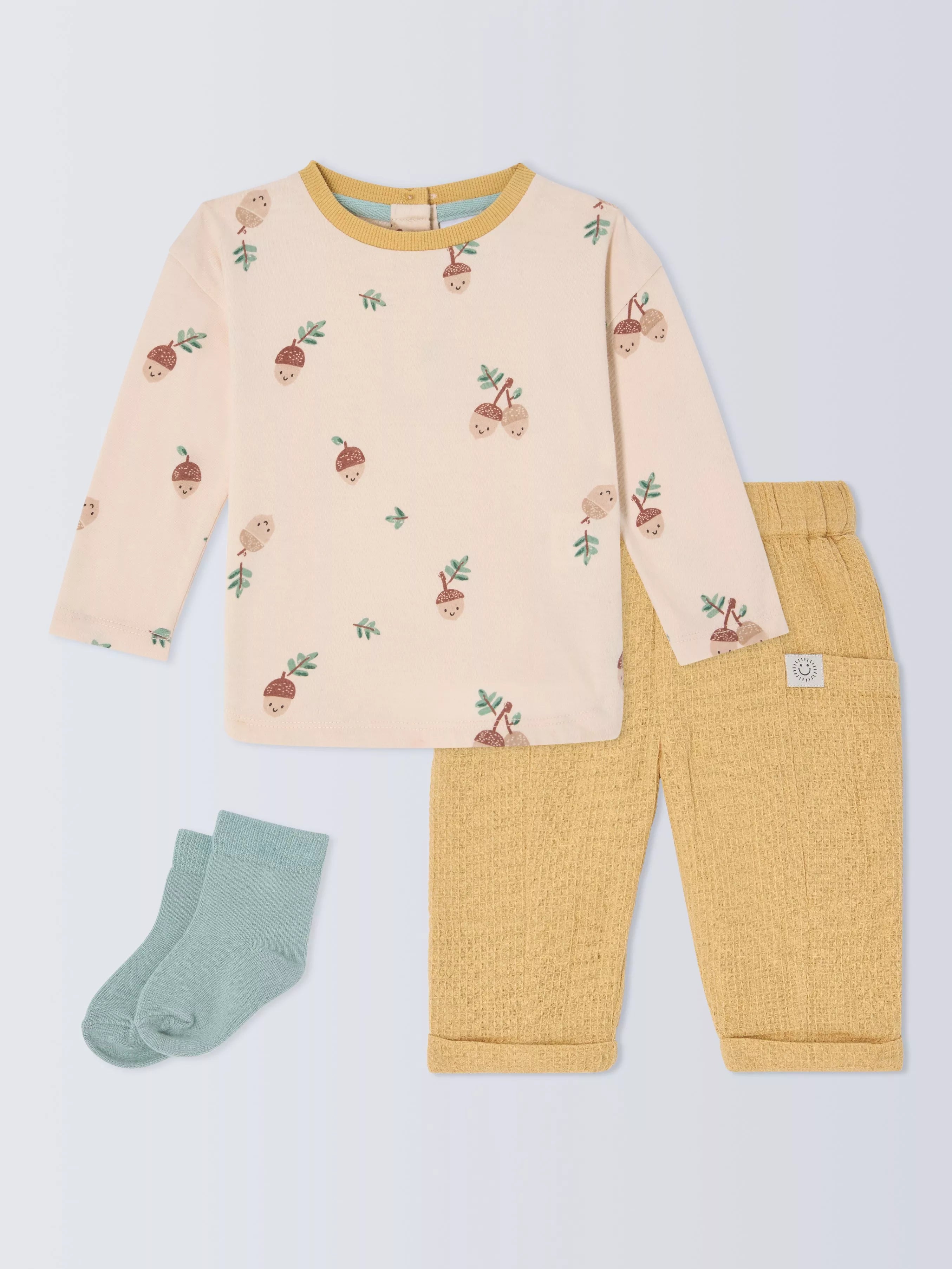 John Lewis Baby Acorn Cotton Top, Trousers and Socks Set, Multi - McGrocer