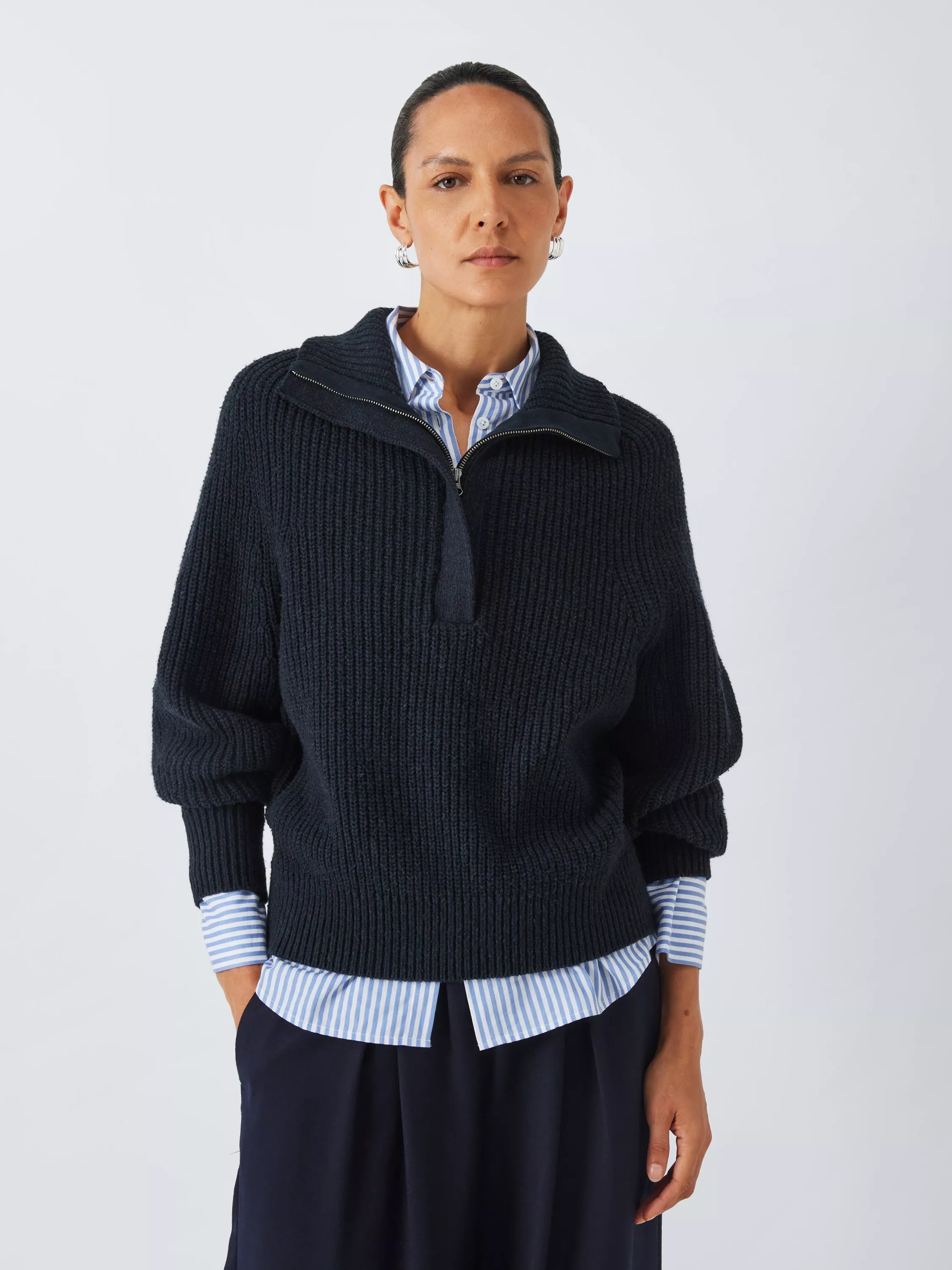 John Lewis Wool Cotton Blend Zip Neck Jumper, Berry - McGrocer