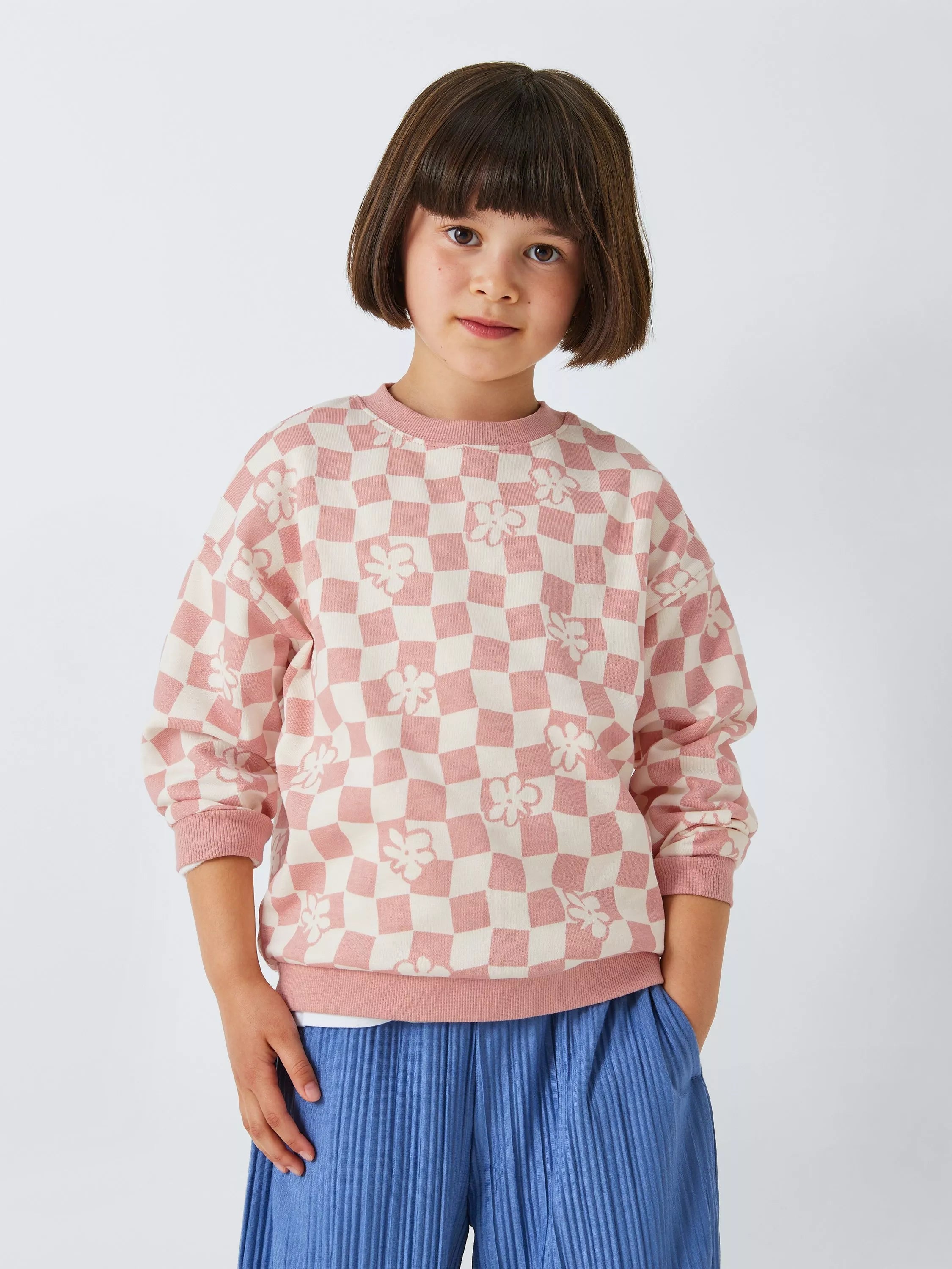 John Lewis ANYDAY Kids' Flower Check Long Sleeve Top, Blush Pink - McGrocer