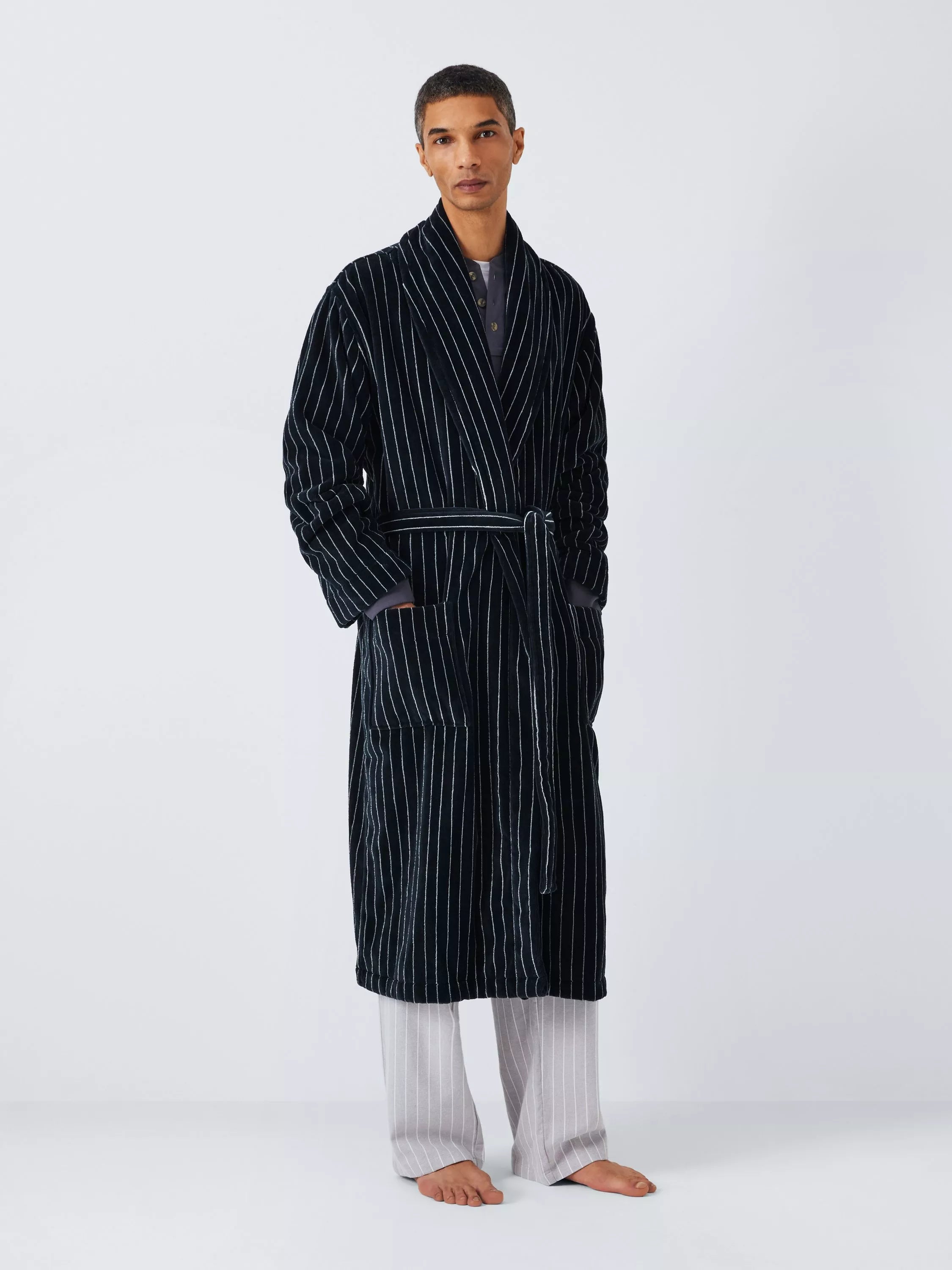 John Lewis Cotton Pin Stripe Velour Robe, Blue Navy - McGrocer