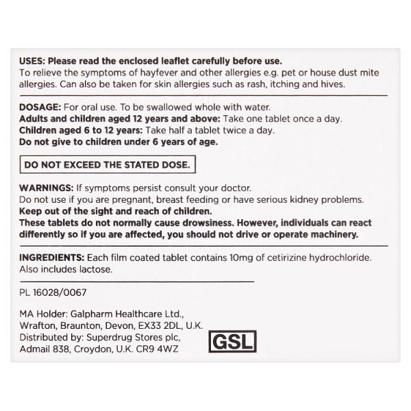 Superdrug Allergy & Hayfever 1 a Day Cetirizine Tablets X 30 GOODS Superdrug