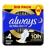 Always Ultra Sanitary Towels Secure Night Size 4 With Wings 16 Pads Super Absorbent And Ultra Thin For Menstrual Periods