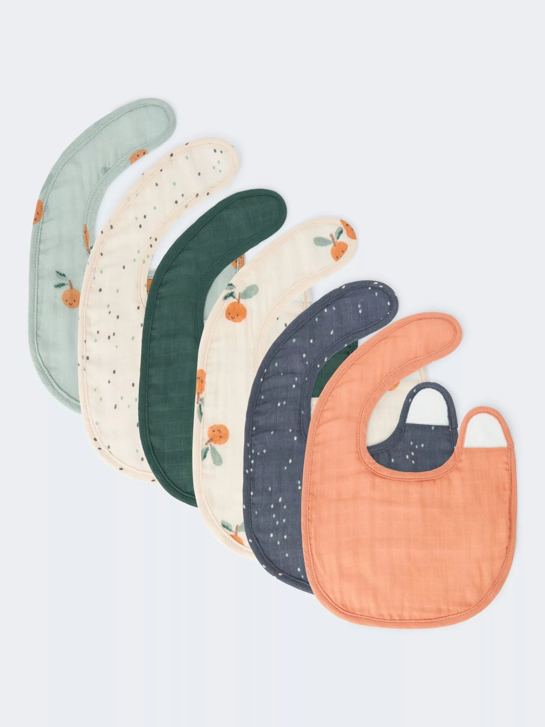 John Lewis Spot and Orange Print Round Muslin Bib, Pack of 6, Multi - McGrocer