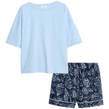 M&S Cotton Rich Printed Shortie Set, Size 12, Smokey Blue