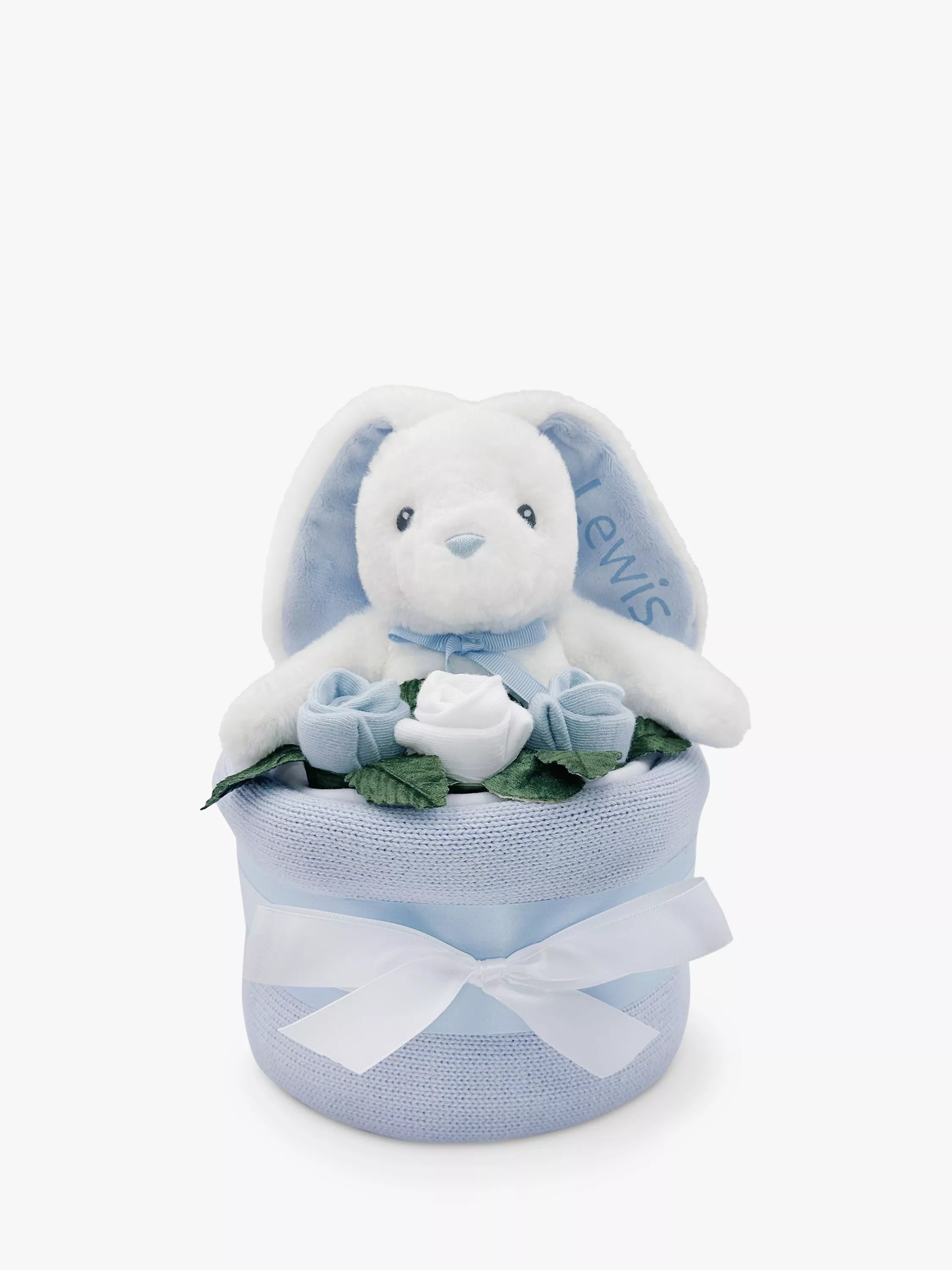 Babyblooms Blanket Cake with Personalised Baby Bunny Soft Toy, Light Blue - McGrocer