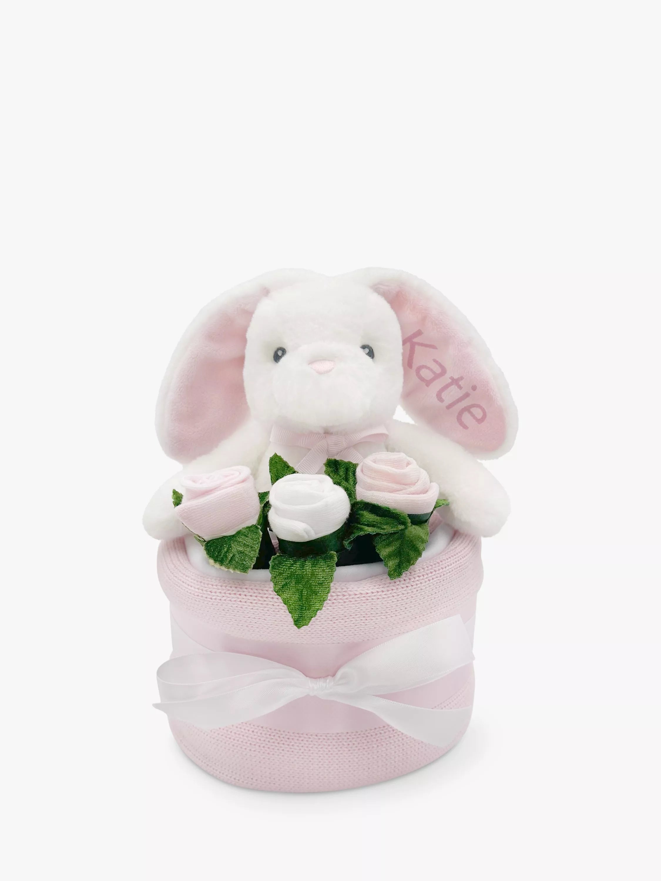 Babyblooms Blanket Cake with Personalised Baby Bunny Soft Toy, Light Pink - McGrocer