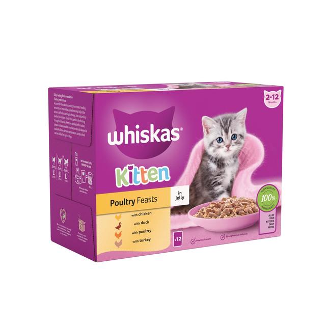 Whiskas 2-12mnths Kitten Wet Cat Pouches Poultry Feasts in Jelly 12 x 85g GOODS M&S
