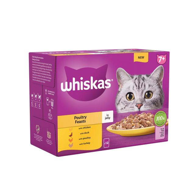 Whiskas 7+ Adult Wet Cat Food Pouches Poultry Feasts in Jelly   12 x 85g GOODS M&S