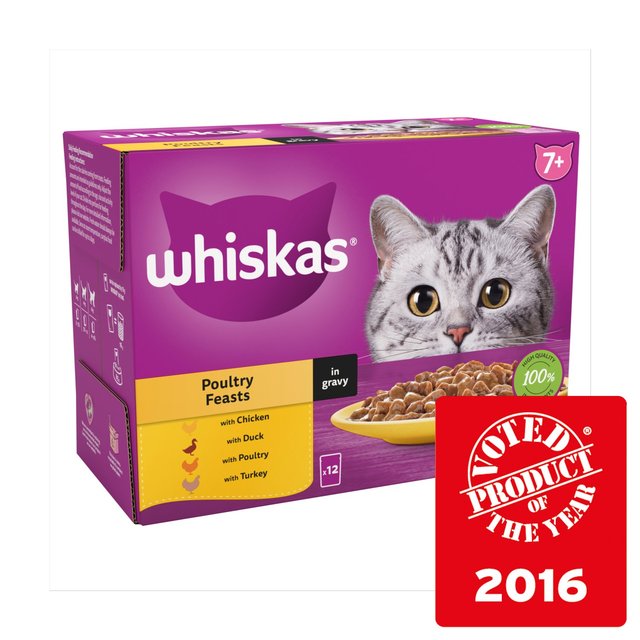 Whiskas 7+ Adult Wet Cat Food Pouches Poultry Feasts in Gravy   12 x 85g GOODS M&S