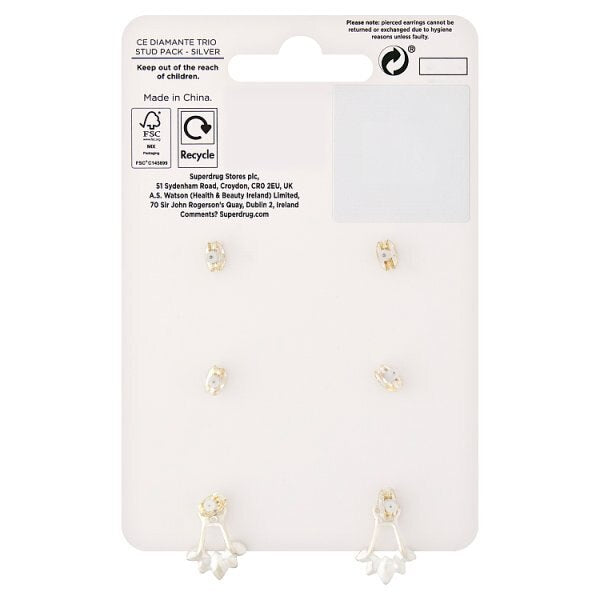 Superdrug Silver Tone Diamante Trio Stud Pack GOODS Superdrug