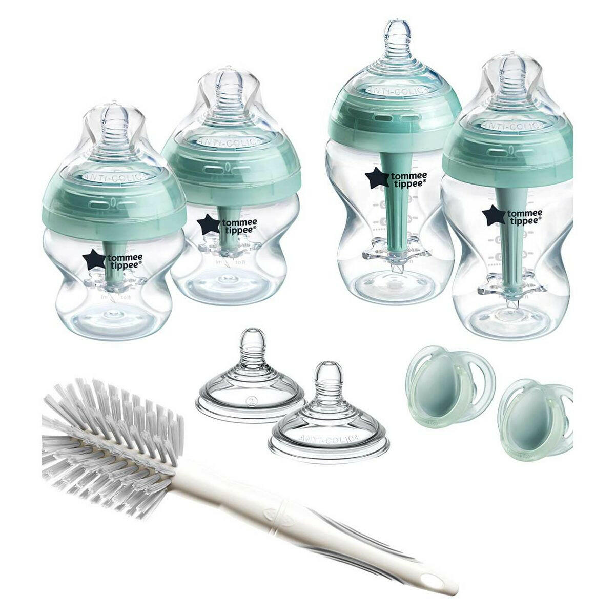 Tommee Tippee Advanced Anti-Colic Newborn Starter Set for Colicky Babies, 4 x Bottles, 2 x Teats, Vented Anti-Colic Wand Baby Accessories & Cleaning Boots