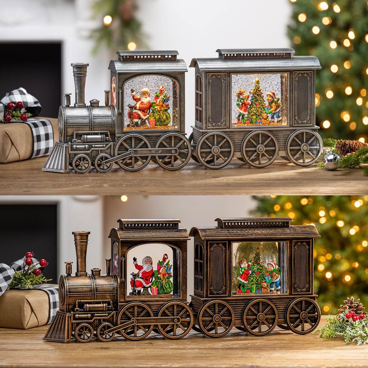 7.6 inches (0.19m) 2 Piece LED Lighted Water Globe Train with Motion Glitter Assortment - McGrocer