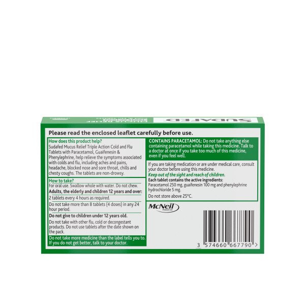Sudafed Mucus Relief Triple Action Cold & Flu Tablets GOODS Superdrug