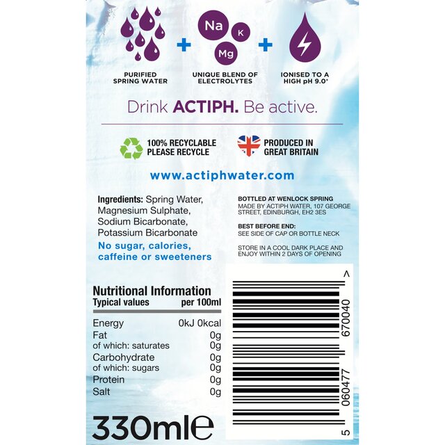 ACTIPH Alkaline Ionised Water Glass Bottle   330ml - McGrocer
