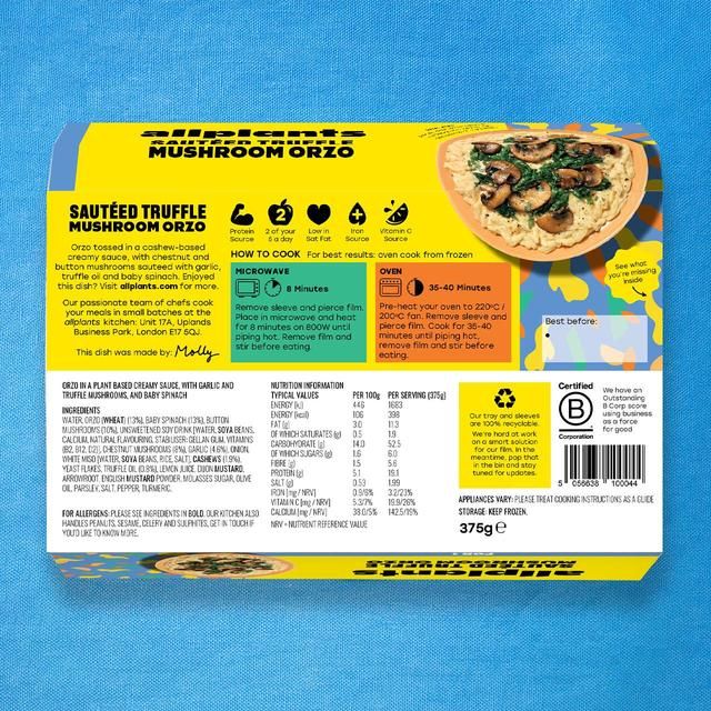 allplants Sauteed Truffle Mushroom Orzo for 1 375g - McGrocer