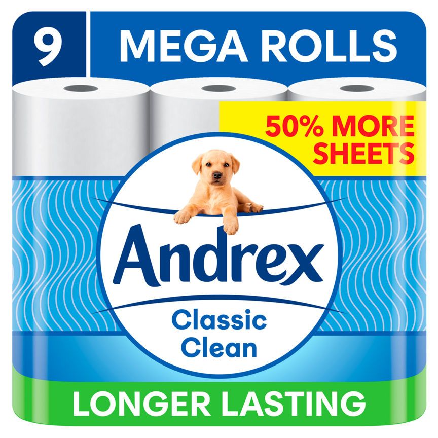 Andrex Classic Clean 9 Mega Toilet Rolls, 50% More Sheets Per Roll - McGrocer