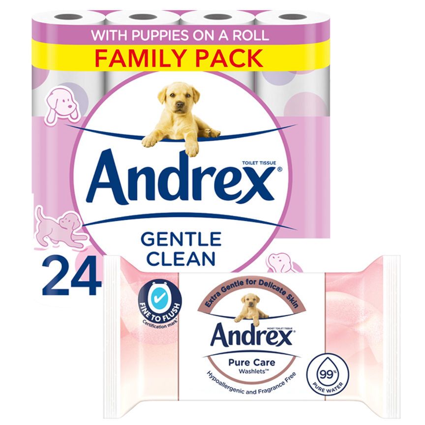 Andrex Gentle Clean Toilet Roll & Pure Washlets Bundle - McGrocer