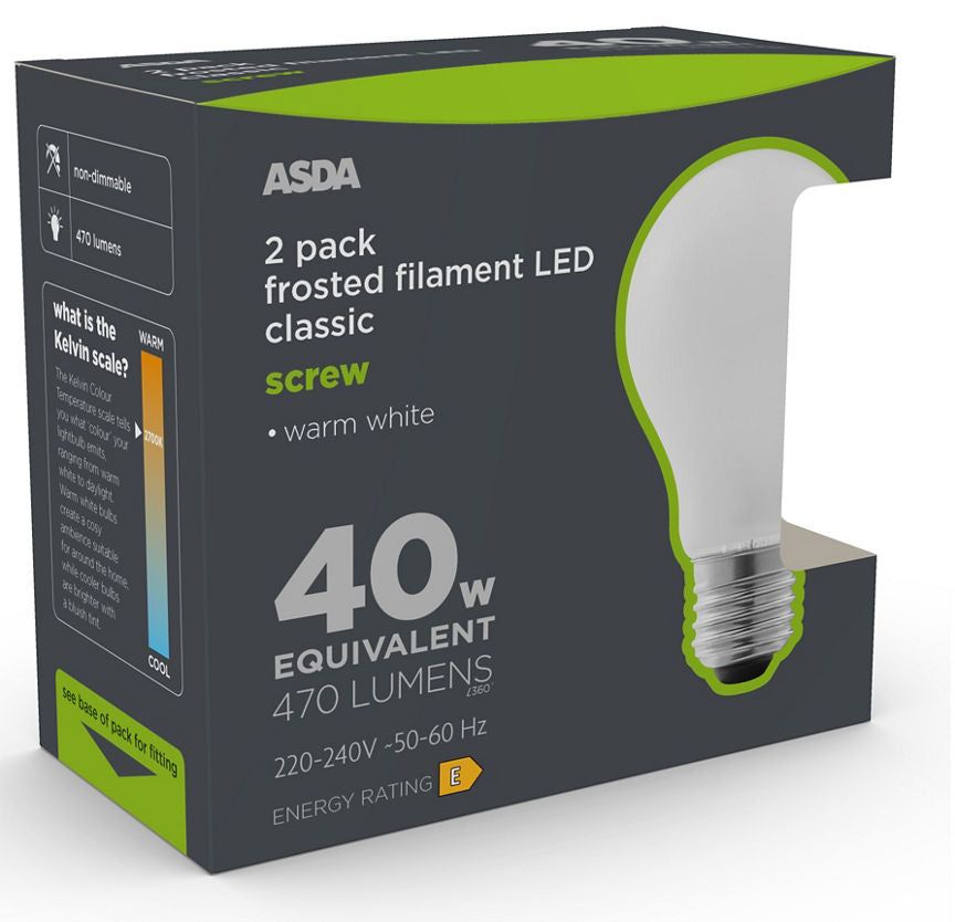 ASDA LED Filament Classic 40W Large Screw Coated Lightbulb - McGrocer