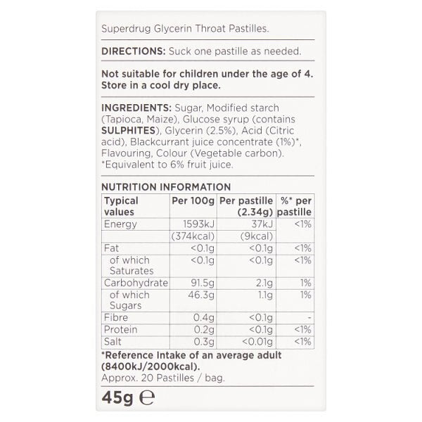 Superdrug Blackcurrant Glycerine Throat Sweets 45g GOODS Superdrug