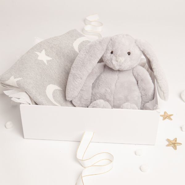 Babbico Grey Bunny Toy And Moon & Star Blanket Baby Gift Set - McGrocer