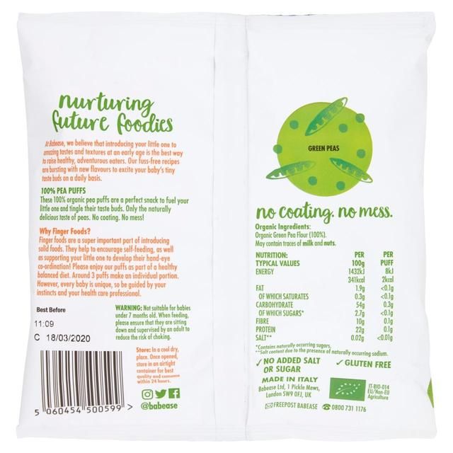 Babease Organic Baby Snack Pea Puffs 7 mths+ 20g - McGrocer