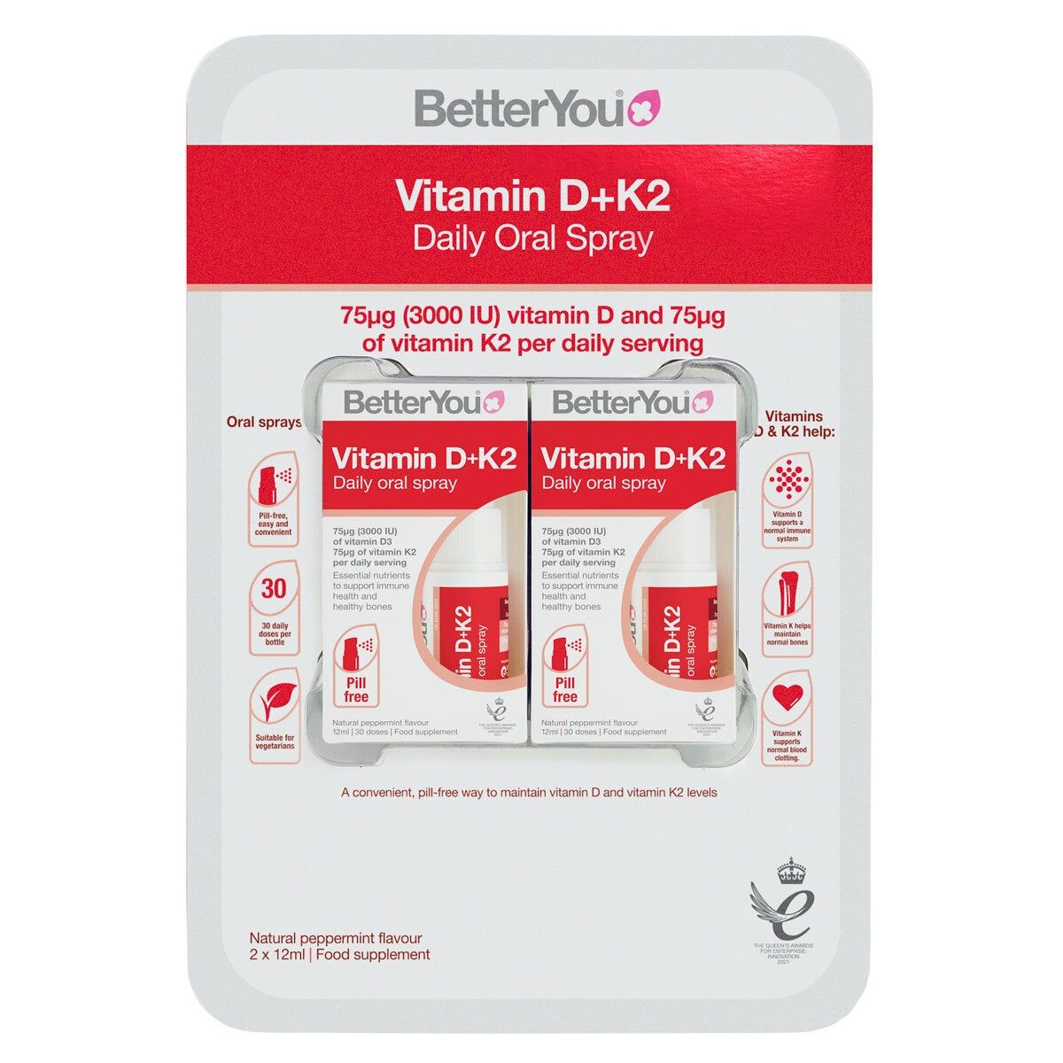 BetterYou Vitamin D + K2 Oral Spray, 2 x 12ml - McGrocer