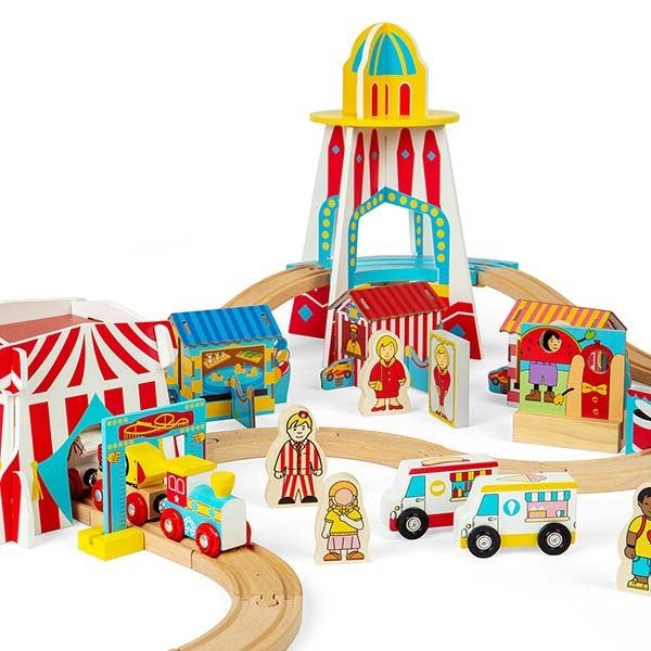 Bigjigs Rail Wooden Fun Fair Train Set, 54 Play Pieces - McGrocer