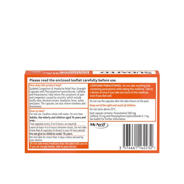 Sudafed Congestion & Headache Relief Capsules 16s GOODS Superdrug
