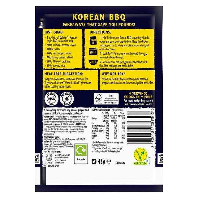 Colman's BBQ Korean Sauce Dry Packet Mix 45g