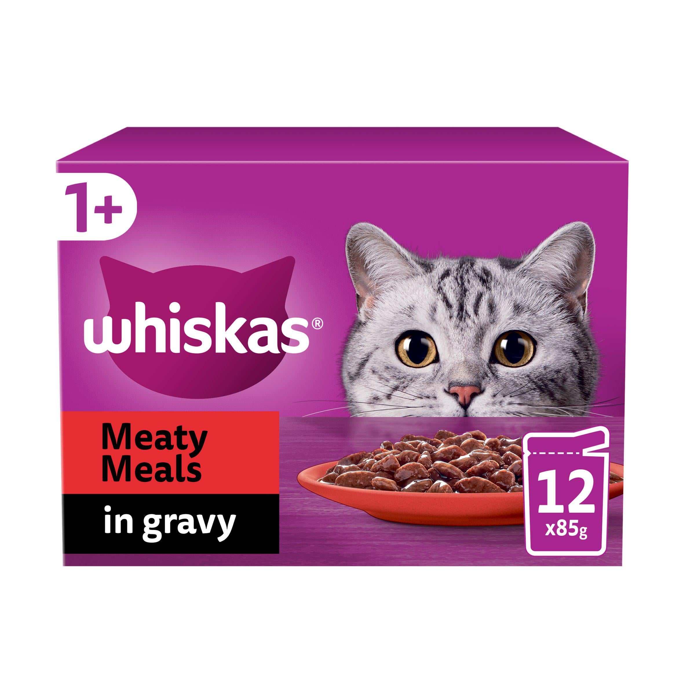 Whiskas 1+ Meaty Meals Adult Wet Cat Food Pouches in Gravy 12x85g GOODS Sainsburys