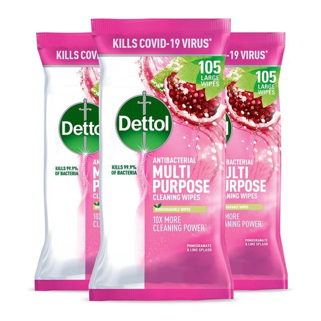 Dettol Antibacterial Biodegradable Pomegranate and Lime Multi Surface Wipes 3 x 105 per pack