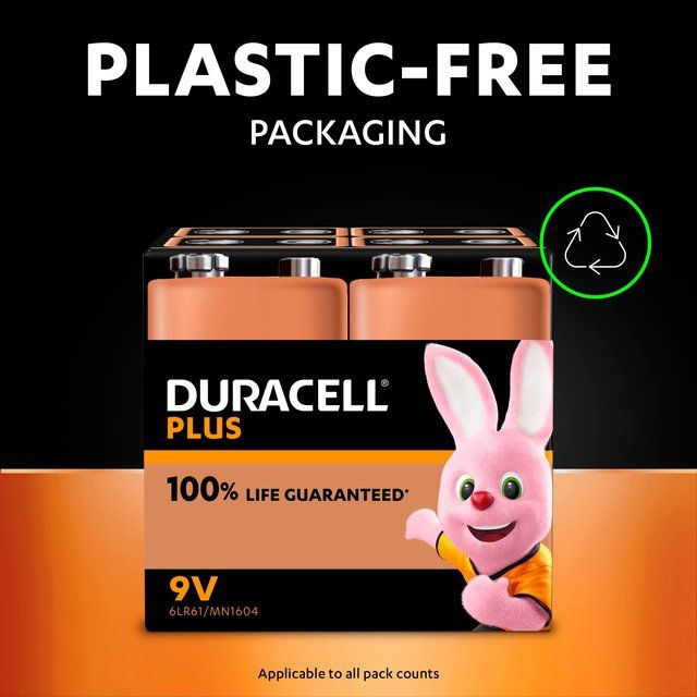 Duracell Plus 100% 9V Alkaline Batteries 2 per pack