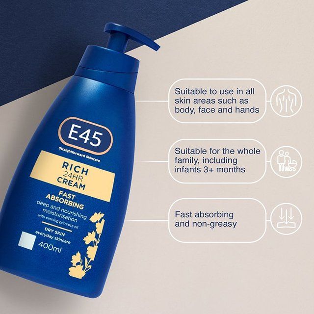 E45 Rich 24H Fast Absorbing Moisturiser Cream for dry skin Pump 400ml