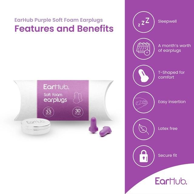 EarHub Sleepwell Purple Soft Foam Earplugs 30 per pack
