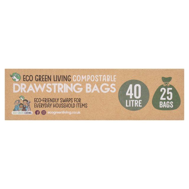 Eco Green Living Certified Compostable 40L Heavy Duty Drawstring Bin Bags 25 per pack