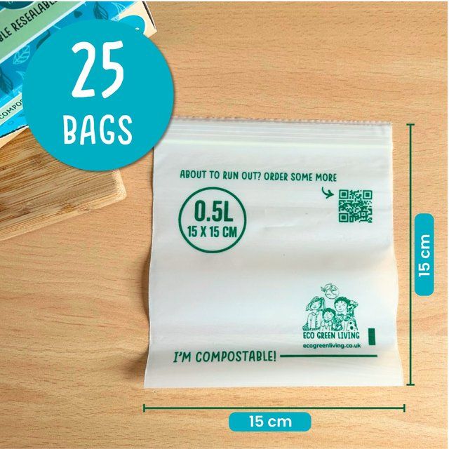 Eco Green Living Certified Compostable Small 0.5L Resealable Ziplock Bags 25 per pack