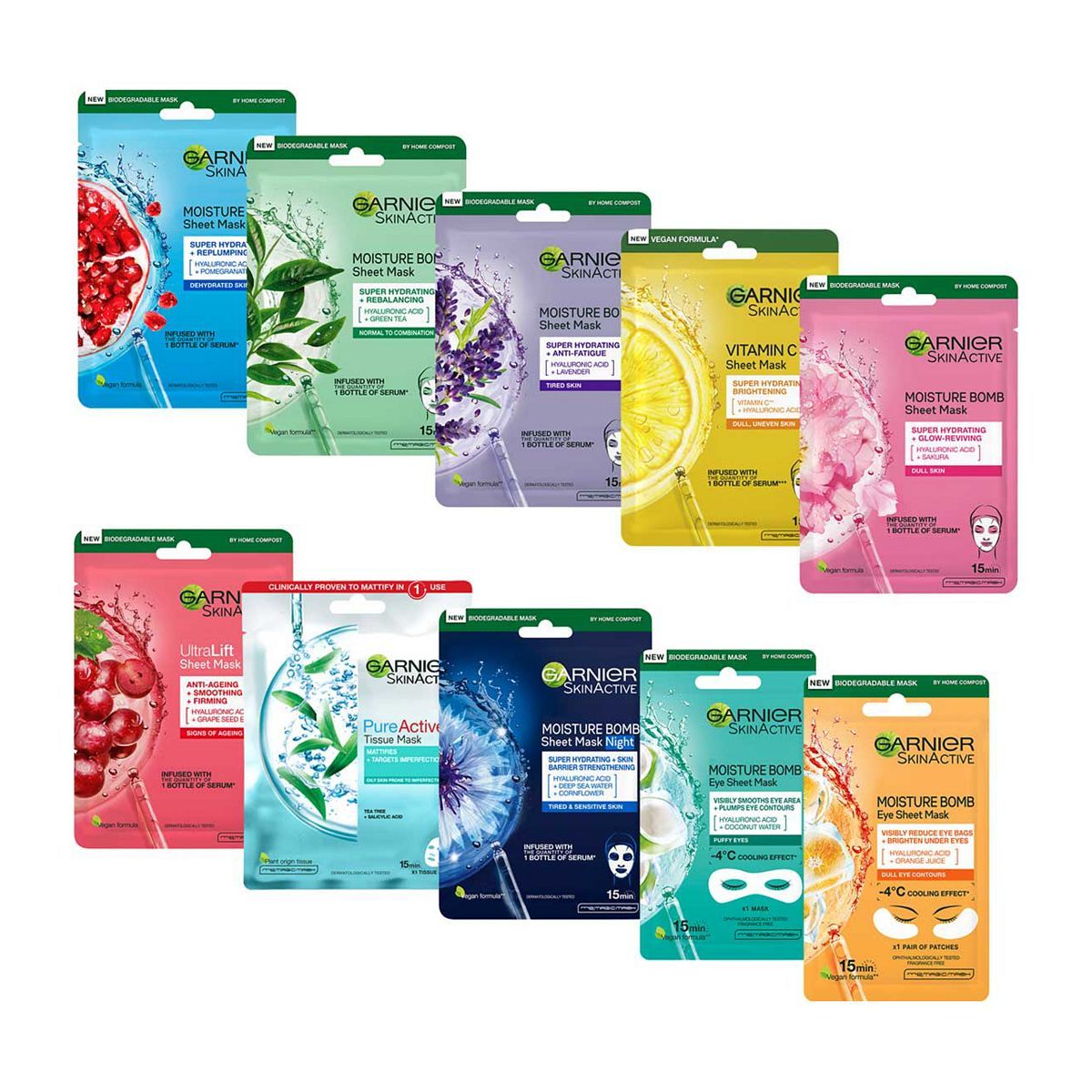 Garnier Complete Sheet mask collection, 10 Face & Eye Masks