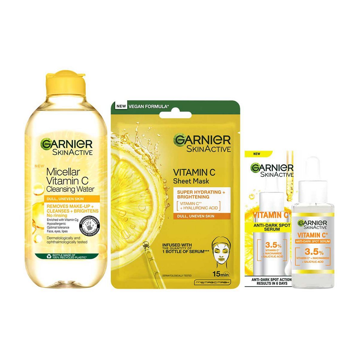 Garnier Vitamin C Brightening Essentials Set - Vitamin C Micellar Water, Serum & Sheet Mask