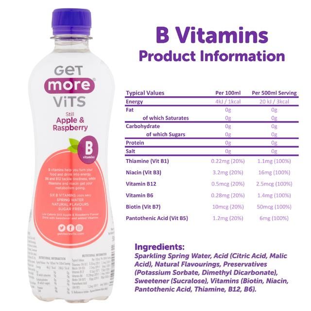 Get More Still B Vitamins Water Apple & Raspberry 500ml