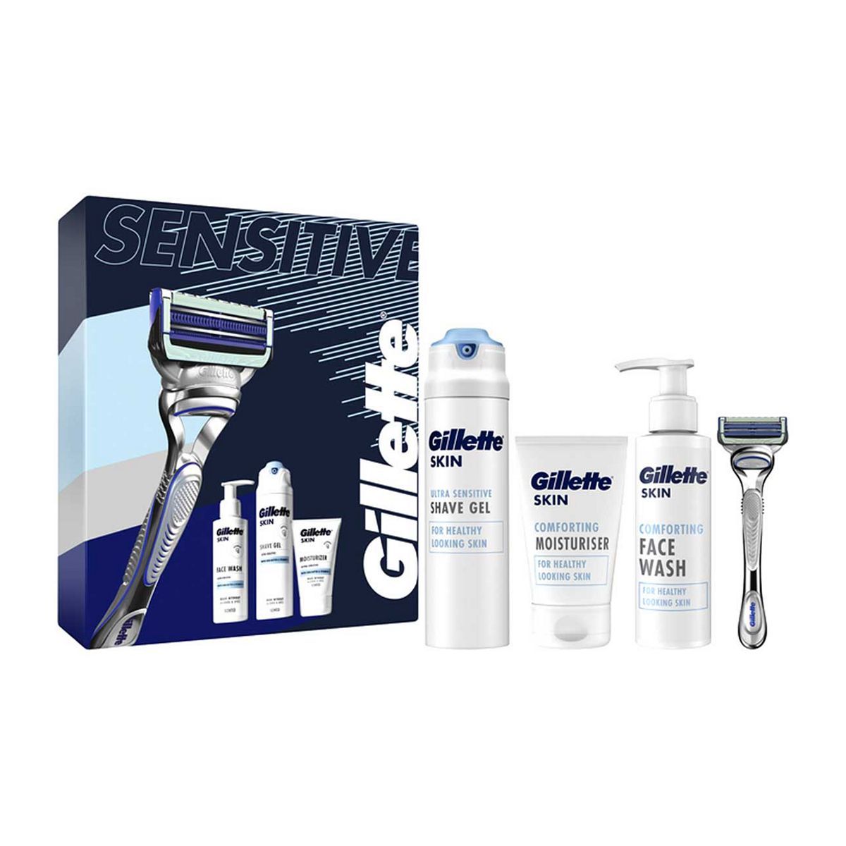 Gillette Gift Set Skinguard Razor & Skinguard Shave Gel, SKIN Moisturiser, SKIN Face Wash