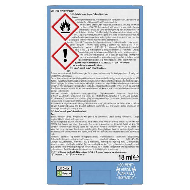 Glade Sense & Spray Holder & Refill Clean Linen Air Freshener 18ml