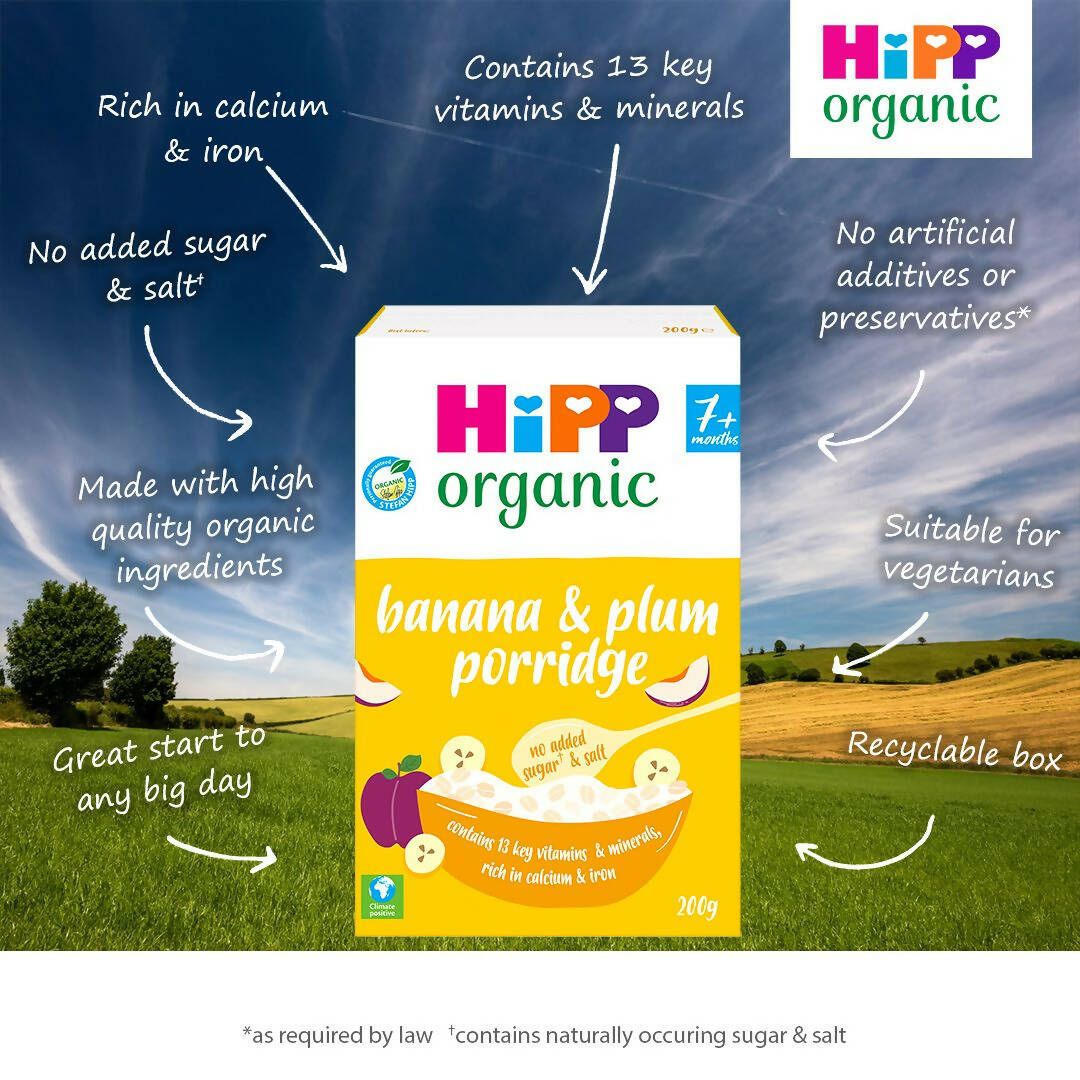 HiPP Organic Banana & Plum Porridge Baby Cereal 7+ Months (4 x 200g)