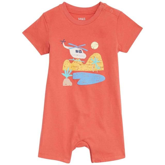 M&S Cotton Palm Tree Romper 0 Months - 3 Years Coral