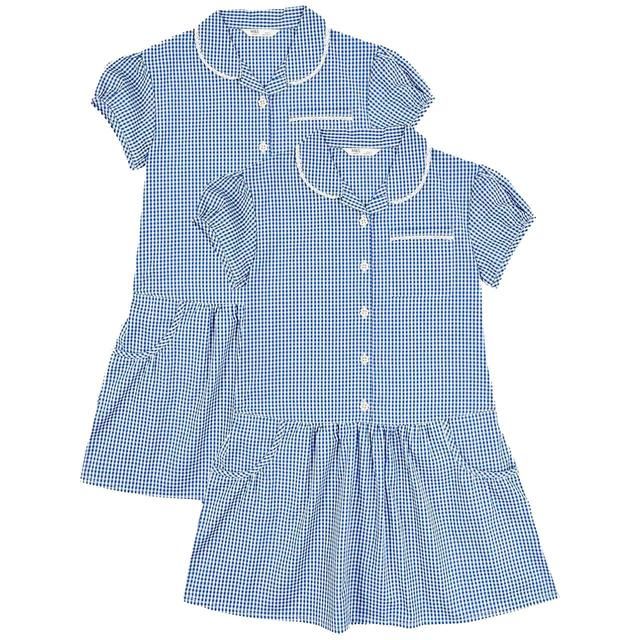 M&S Girls Cotton Gingham School Dresses '5-6 Years Mid Blue 2 per pack