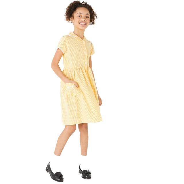 M&S Girls Pure Cotton Gingham School Dress 4-10 Years Yellow