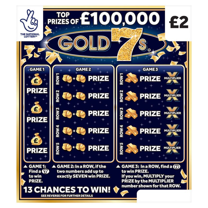 National Lottery £2 £100,000 Gold 7s Scratch card Game