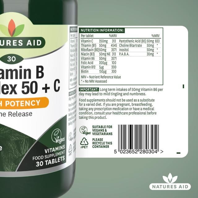Natures Aid Vitamin B Complex 50 + C Supplement Tablets 30 per pack
