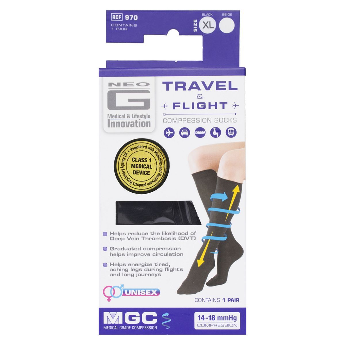 Neo G Travel and Flight Compression Socks Extra Large Black